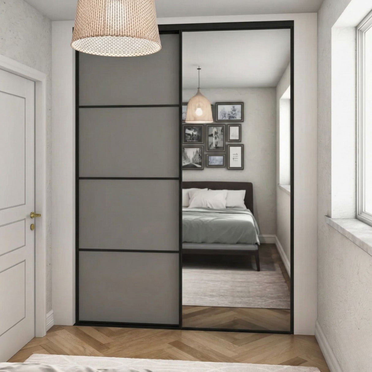 Kit de porte de garde-robe coulissante argent classique - miroir 2 portes et verre blanc pur - sur mesure