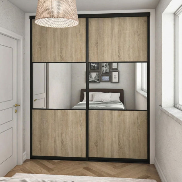Curve Grey Oak & Mirror Sliding Door Wardrobe Kit 2 Panel with Brushed Black Frame