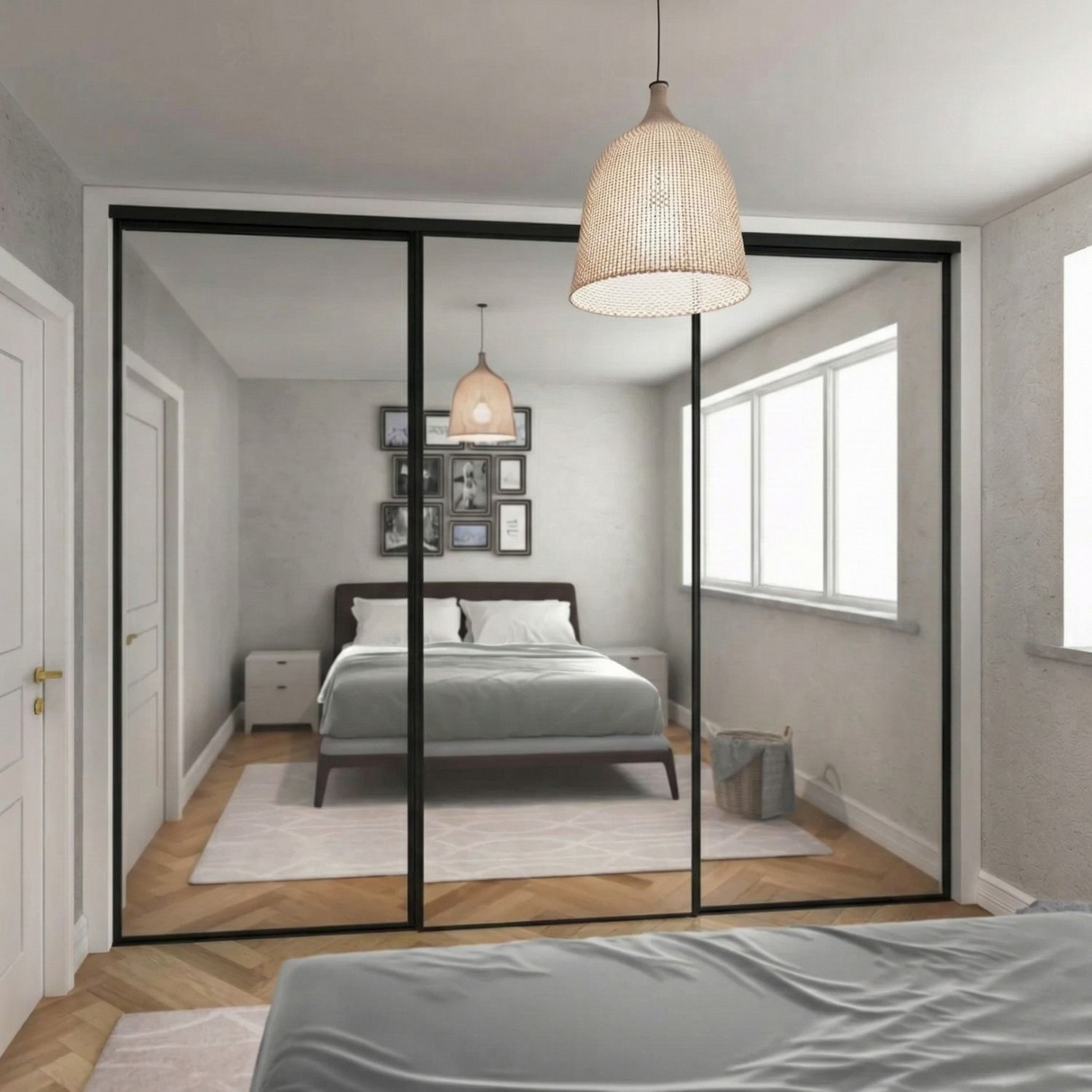 Classic Mirror Sliding Wardrobe Door Kit 3 Panels with Black Steel Frame