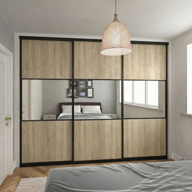 Curve Grey Oak & Mirror Sliding Door Wardrobe Kit 3 Panel with Brushed Black Frame