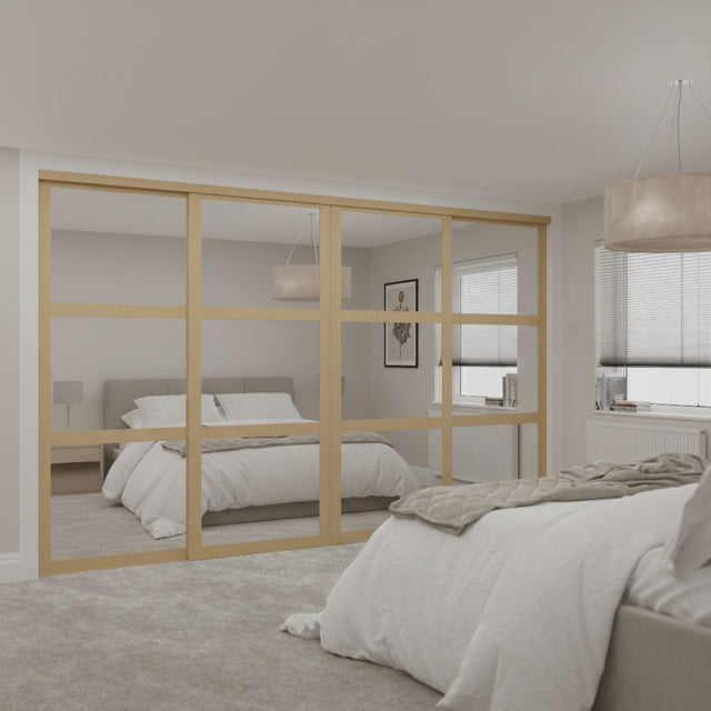Shaker Mirror Sliding Door Wardrobe Kit 4 Panel with Light Oak Steel Frame