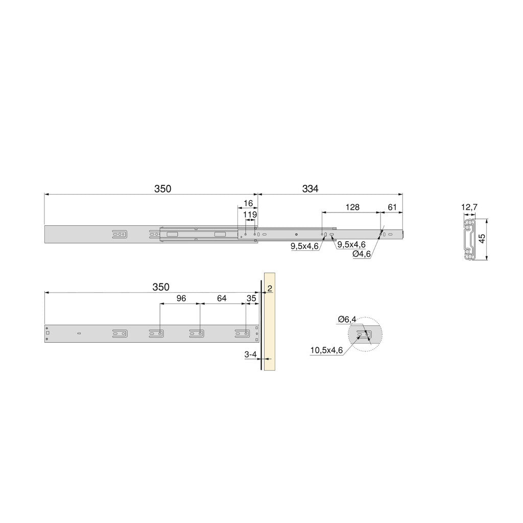 Emuca Pair of Full extension ball bearing slides for drawers with push and soft closing, height 45mm, length 350mm, Steel, Zinc plated