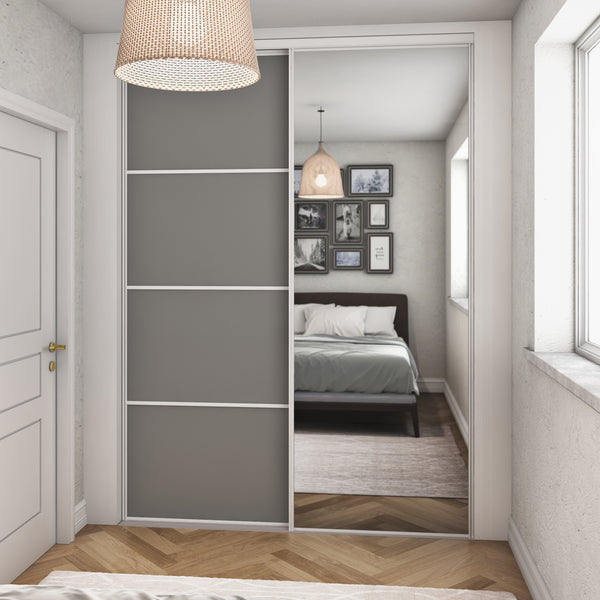 White Frame Heritage Sliding Wardrobe Door Kit - 2 Door Mirror & Dust Grey Wood - Made To Measure - Bedrooms Plus