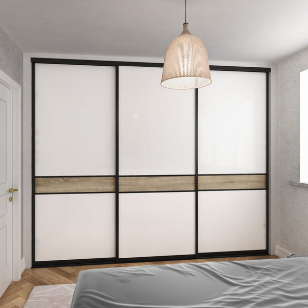 Brushed Black Curve Sliding Wardrobe Door Kit - 3 Doors Pure White Glass & Grey Bardolino Oak - Made To Measure