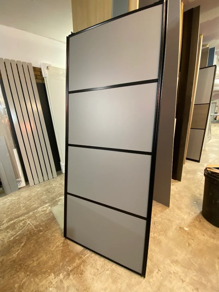 Classic Dust Grey & Mirror Sliding Wardrobe Door Kit 3 Panel with Black Steel Frame