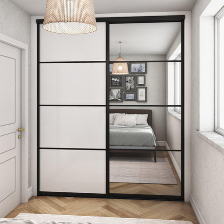 Brushed Black Curve Sliding Door Wardrobe Kit - 2 Door 4 Panel Pure White Glass & Mirror - Made To Measure - Bedrooms Plus