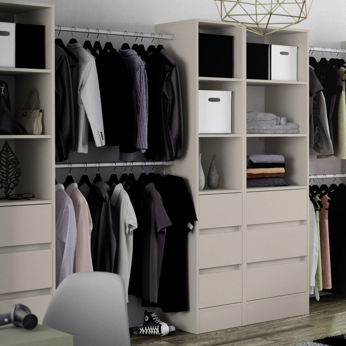 Cashmere 3 Drawer Soft Close Wardrobe Shelving Unit with Hanging Bars - Bedrooms Plus