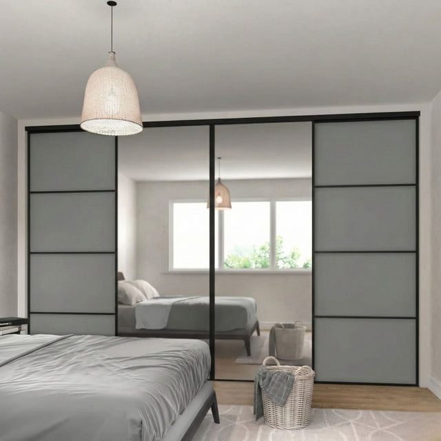 Classic Dust Grey Wood Sliding Door Wardrobe Kit 2 Mirror Panels & 2 Wood Panels - Bedrooms Plus