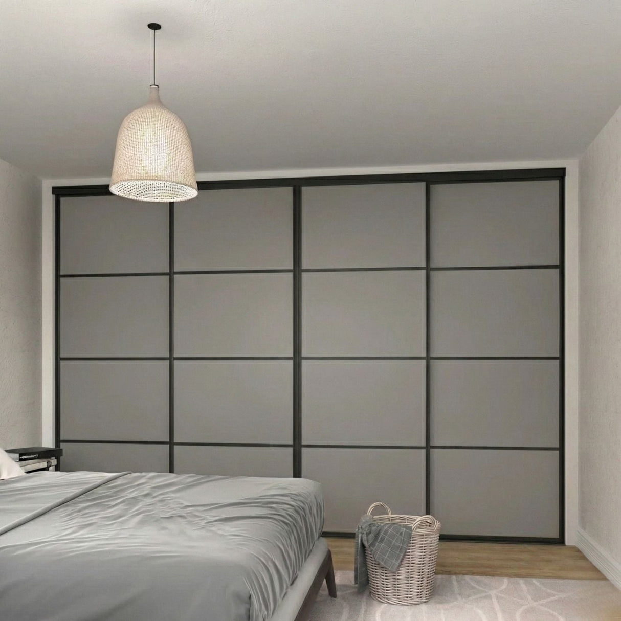 Classic Dust Grey Wood Sliding Door Wardrobe Kit with Black Steel Frame 4 Panel - Bedrooms Plus