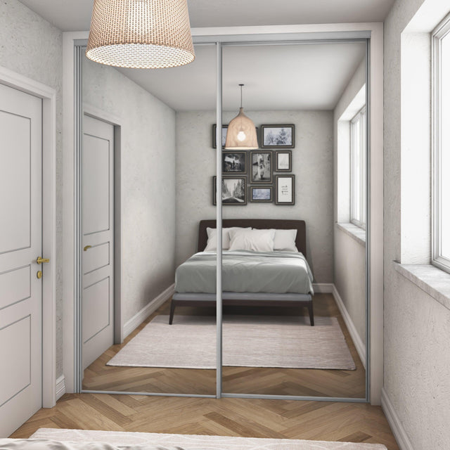 Classic Mirror Sliding Door Wardrobe Kit Mirror 2 Panel with Silver Frame - Bedrooms Plus