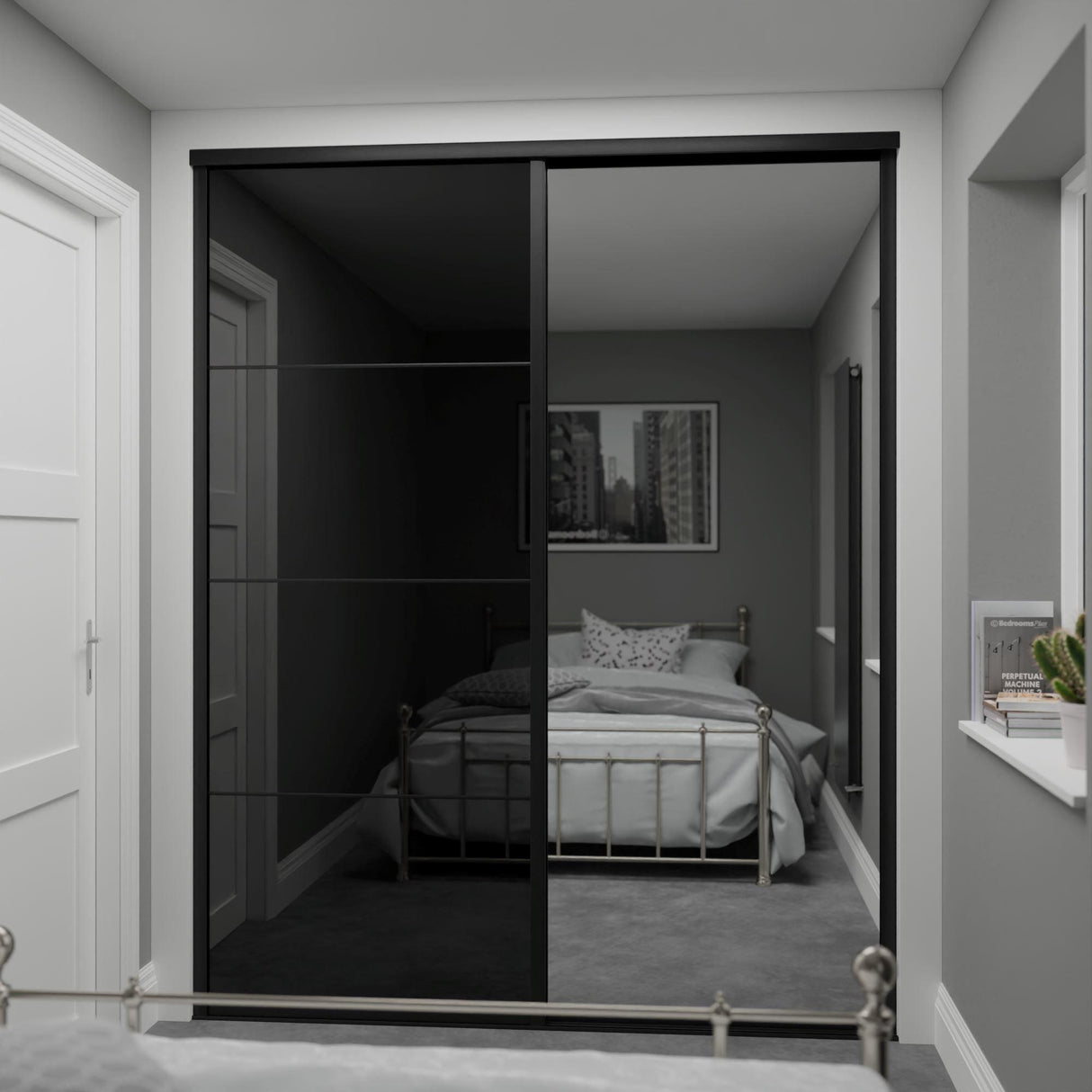 Curve Black Glass & Mirror Sliding Door Wardrobe Kit with Aluminium Frame 2 Panel - Bedrooms Plus