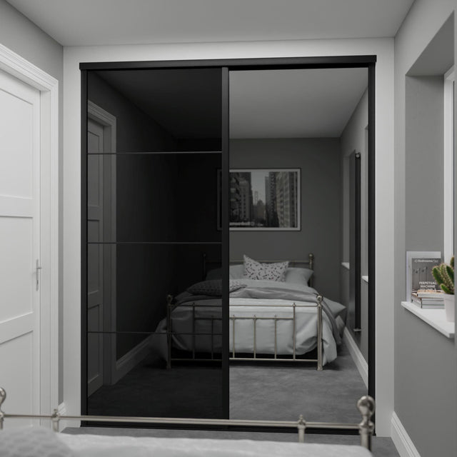 Curve Black Glass & Mirror Sliding Door Wardrobe Kit with Aluminium Frame 2 Panel - Bedrooms Plus