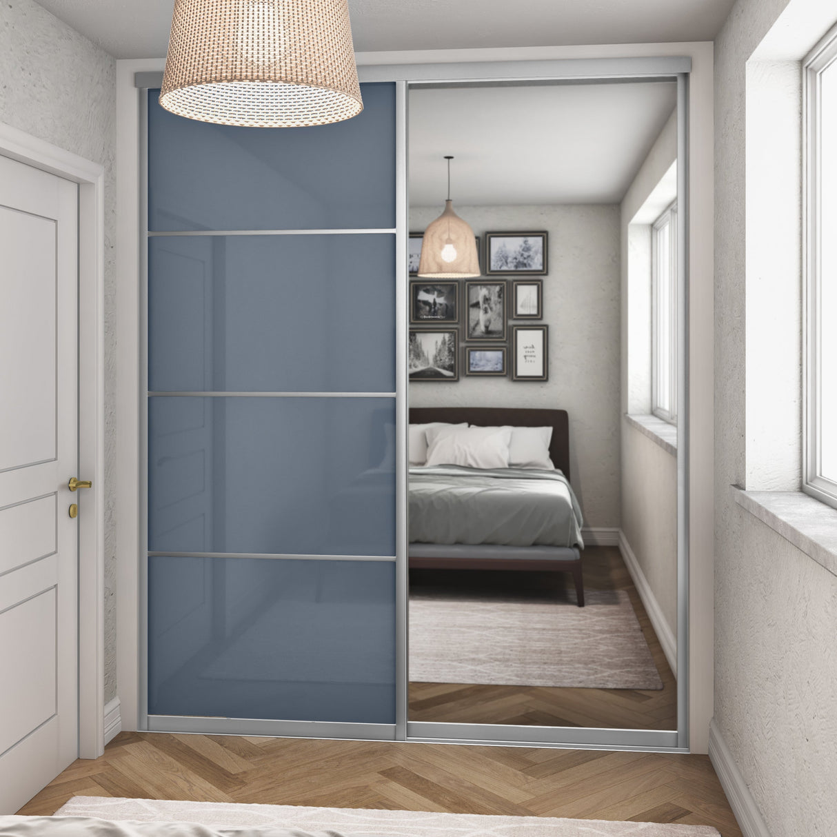 Curve Blue Glass & Mirror Sliding Door Wardrobe Kit 2 Panel with Satin Silver Frame - Bedrooms Plus