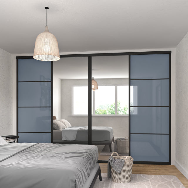 Curve Blue Glass & Mirror Sliding Door Wardrobe Kit 4 Panel - Bedrooms Plus