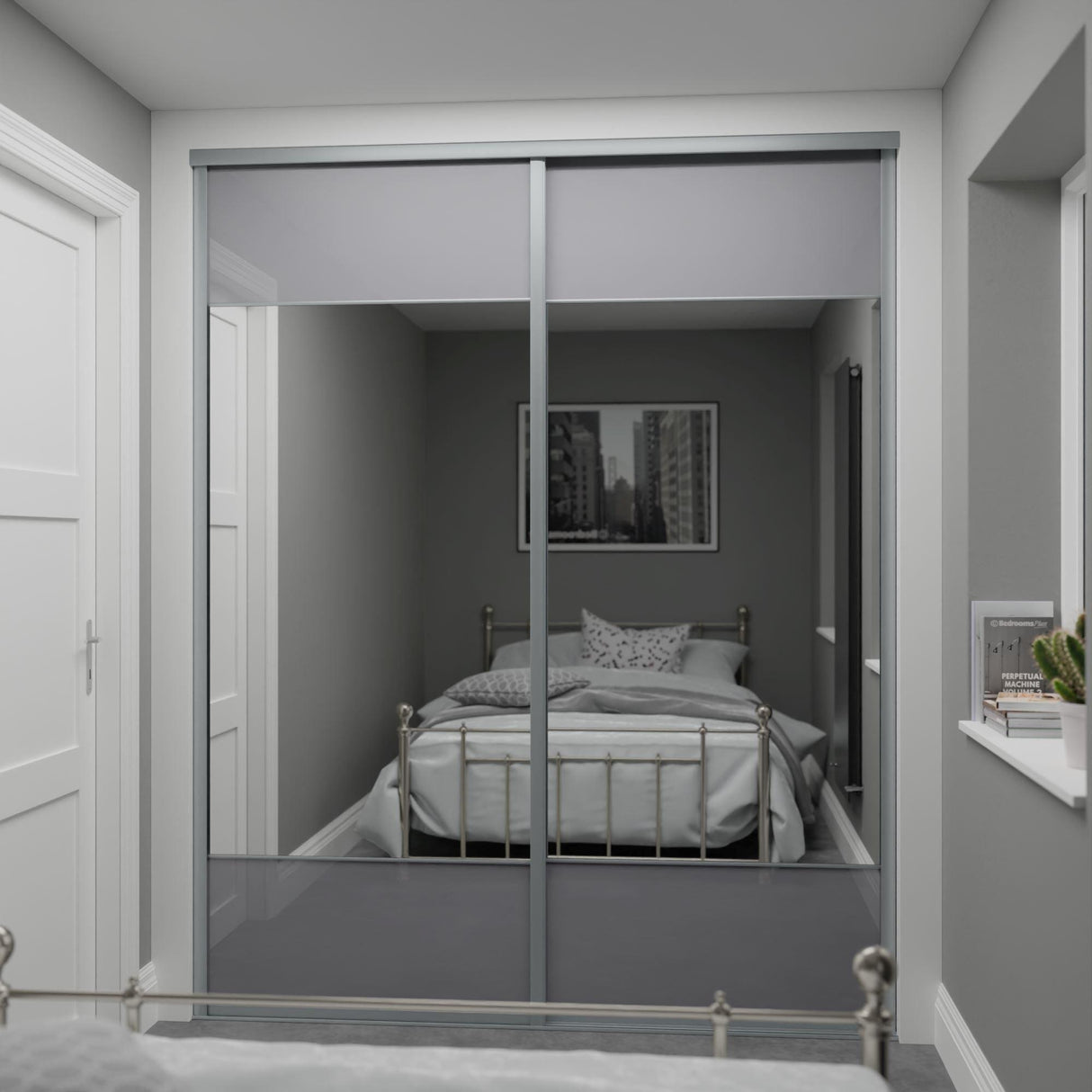 Curve Grey Glass & Mirror Sliding Door Wardrobe Kit 2 Panel with Satin Silver Frame - Bedrooms Plus