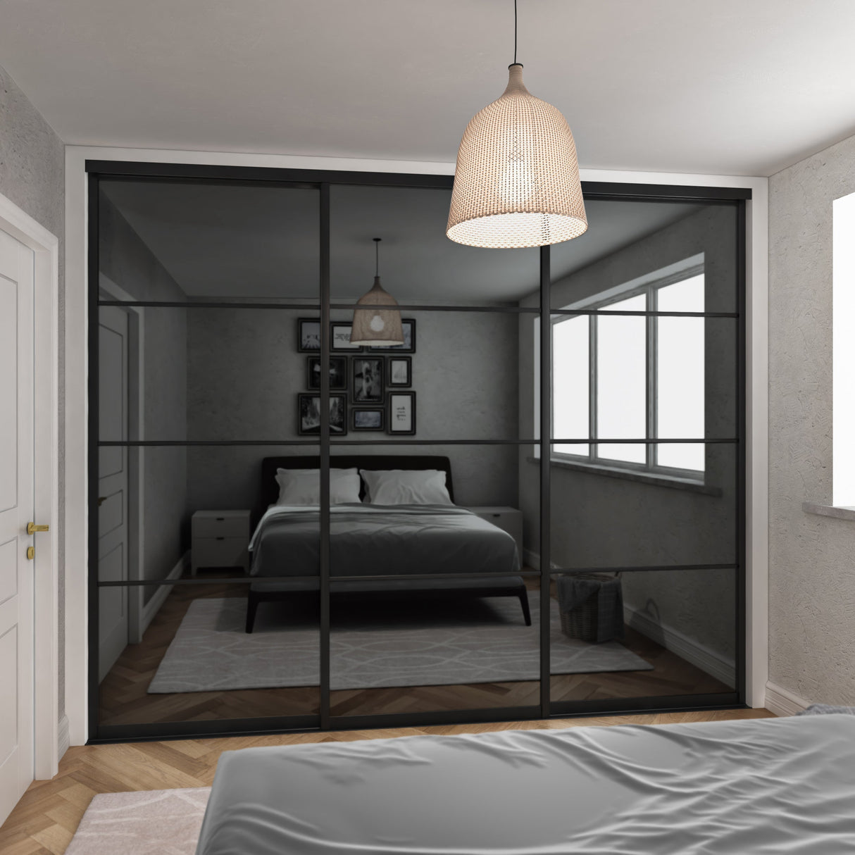 Curve Grey Mirror Sliding Door Wardrobe Kit 3 Panel with Brushed Black Frame - Bedrooms Plus