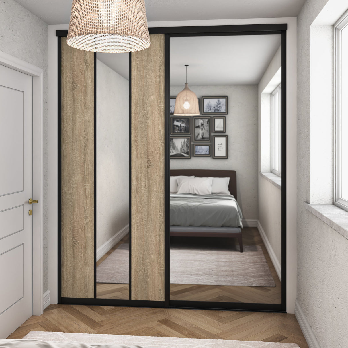 Curve Grey Oak & Mirror Sliding Door Wardrobe Kit 2 Panel Brushed Black Frame - Bedrooms Plus