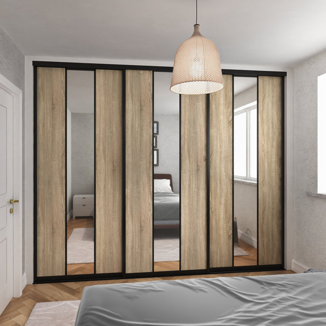 Curve Grey Oak & Mirror Sliding Door Wardrobe Kit 3 Panel - Bedrooms Plus