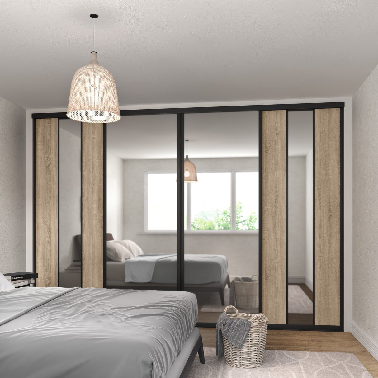 Curve Grey Oak & Mirror Sliding Door Wardrobe Kit 4 Panel Brushed Black Frame - Bedrooms Plus