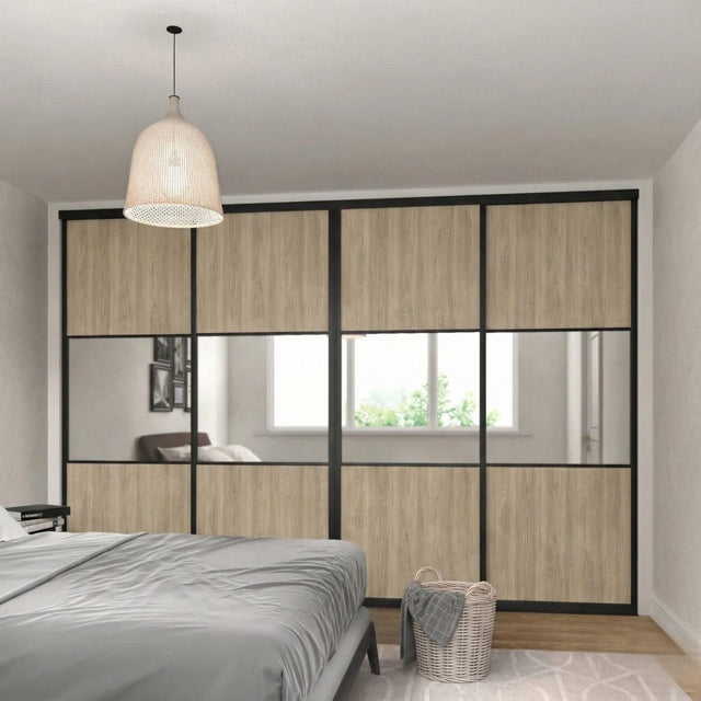 Curve Grey Oak & Mirror Sliding Door Wardrobe Kit 4 Panel with Brushed Black Frame - Bedrooms Plus
