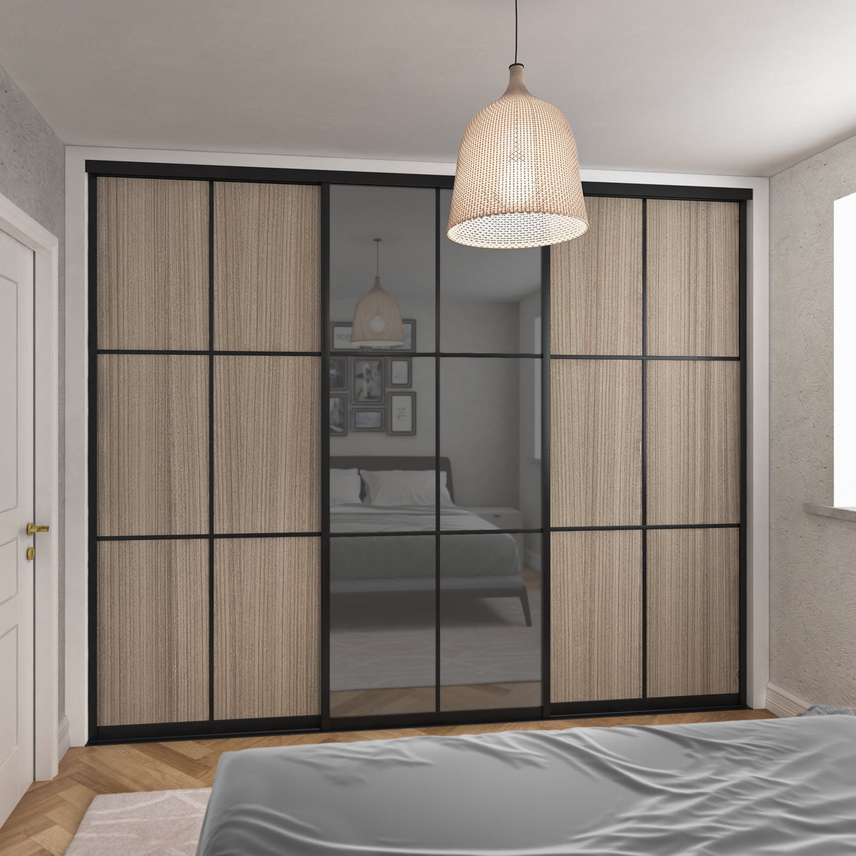 Curve Grey Sliding Door Wardrobe Kit Shorewood 3 Panel Mirror Brushed Black Frame - Bedrooms Plus