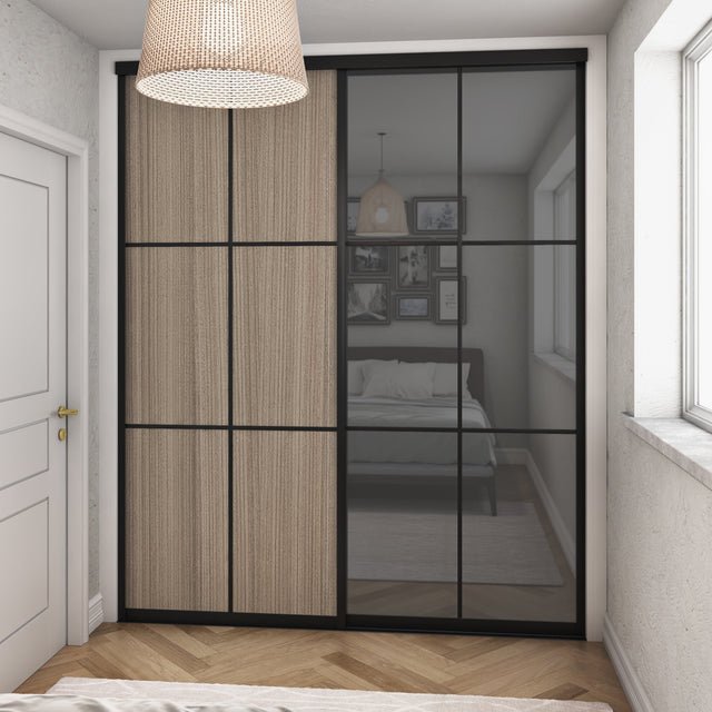 Curve Grey Sliding Grey Wardrobe Kit Shorewood 2 - Door Mirror Brushed Black Frame - Bedrooms Plus