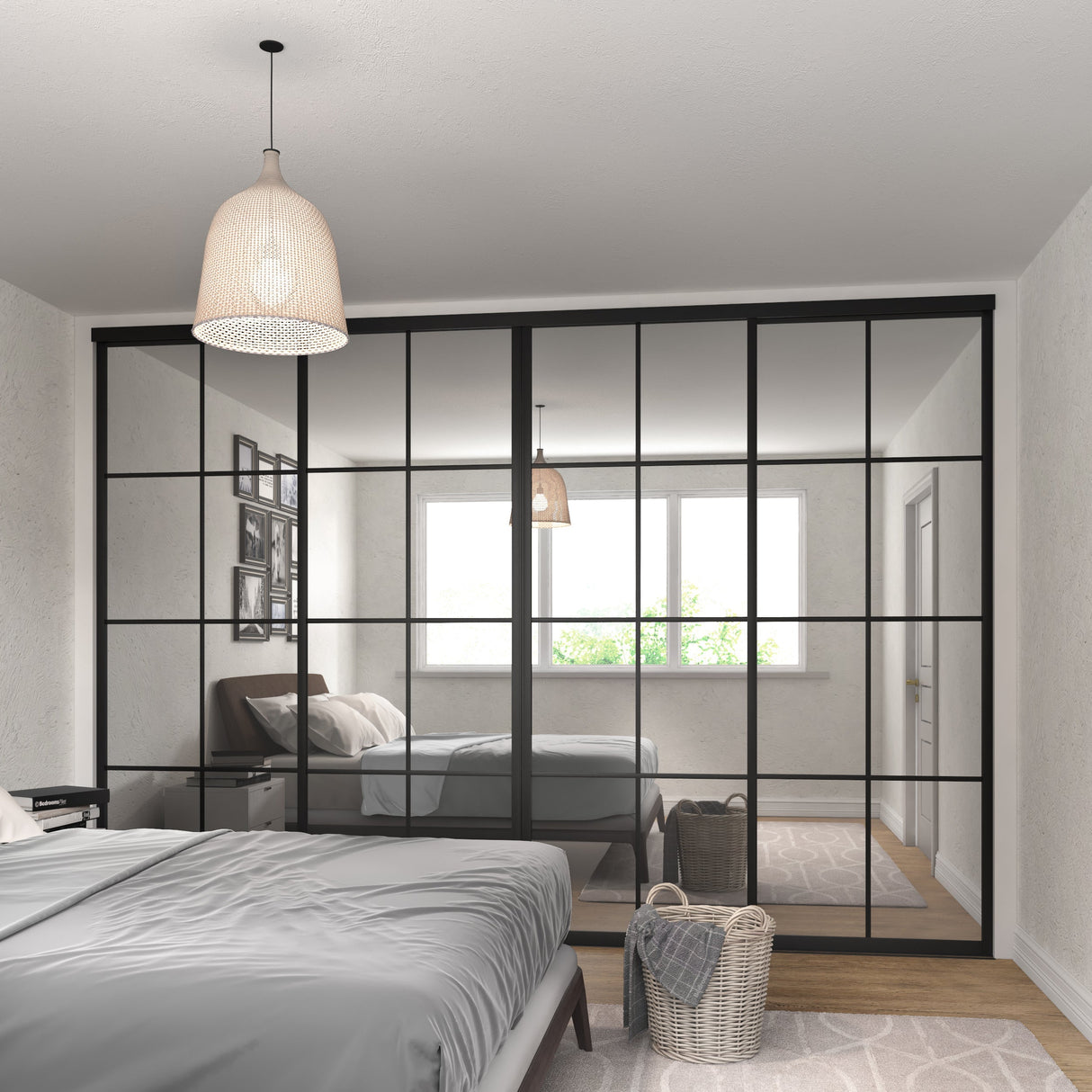 Curve Mirror Sliding Door Wardrobe Kit 4 Panel with Brushed Black Frame - Bedrooms Plus