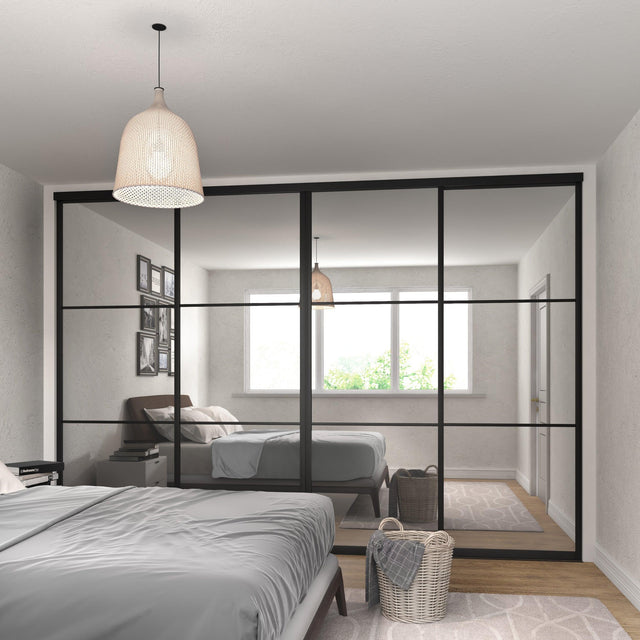 Curve Mirror Sliding Door Wardrobe Kit 4 Panel with Brushed Black Frame - Bedrooms Plus