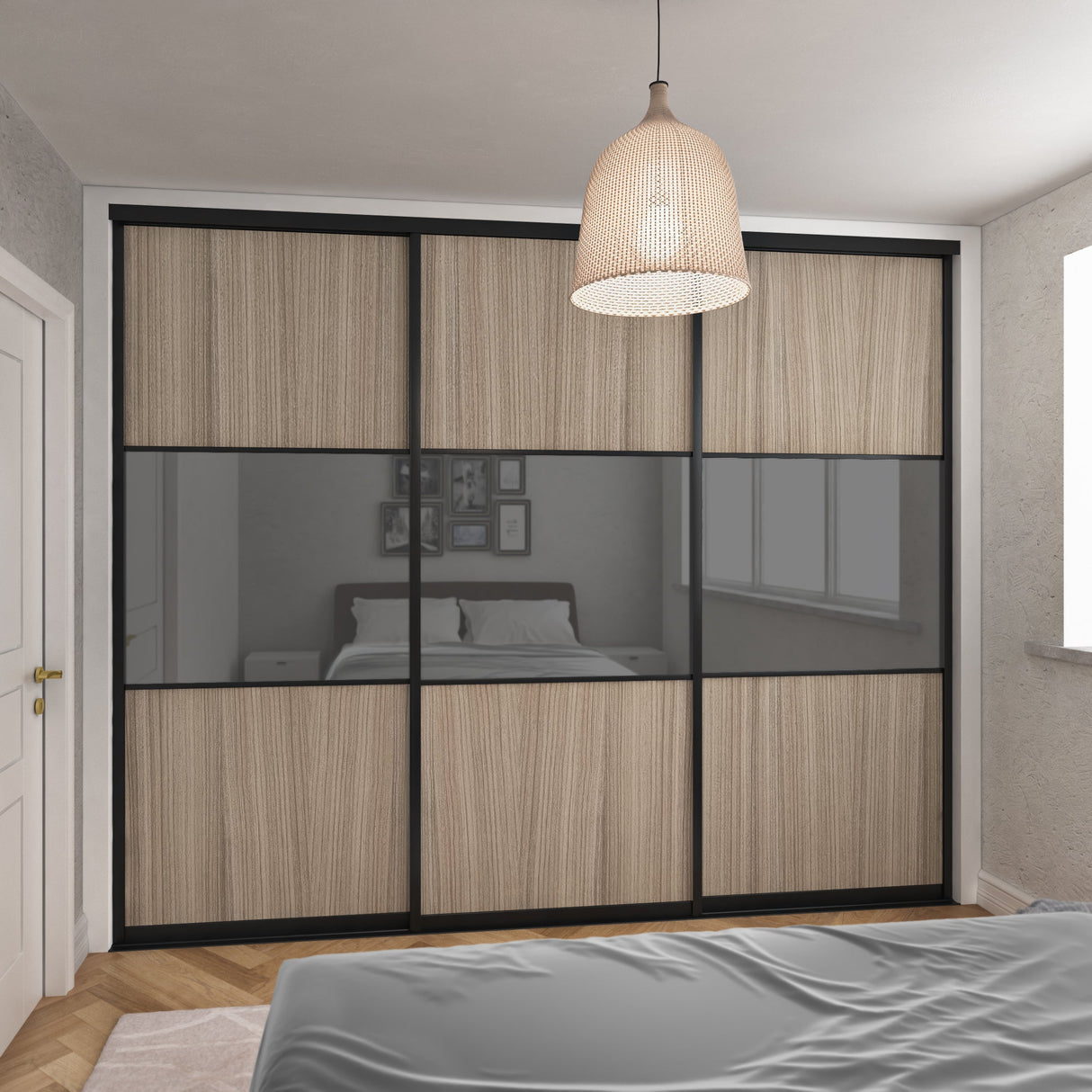 Curve Sliding Door Wardrobe Kit Grey Mirror 3 - Door Shorewood Brushed Black Frame - Bedrooms Plus