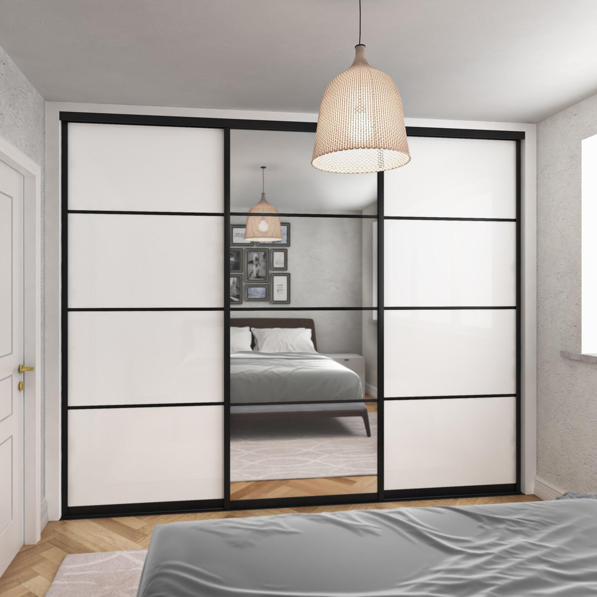 Curve White Glass & Mirror Sliding Door Wardrobe Kit 3 Panel with Black Aluminium Frame - Bedrooms Plus