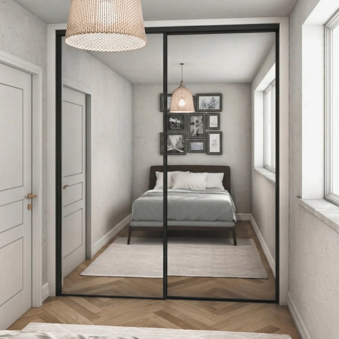 Express Sliding Wardrobe Door Kit Mirror 2 - Door Matt Black Frame - Bedrooms Plus