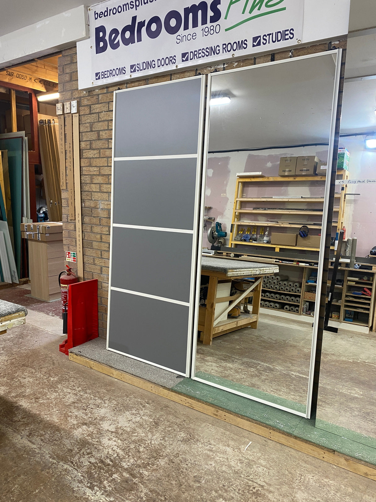 Heritage Dust Grey Wood & Mirror Sliding Door Wardrobe Kit 4 Panel with White Steel Frame - Bedrooms Plus