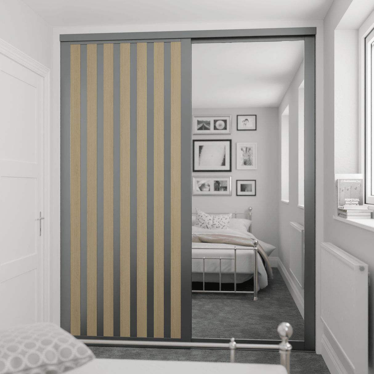 Shaker Graphite Grey & Light Oak Sliding Door Wardrobe Kit 2 Panel - Bedrooms Plus