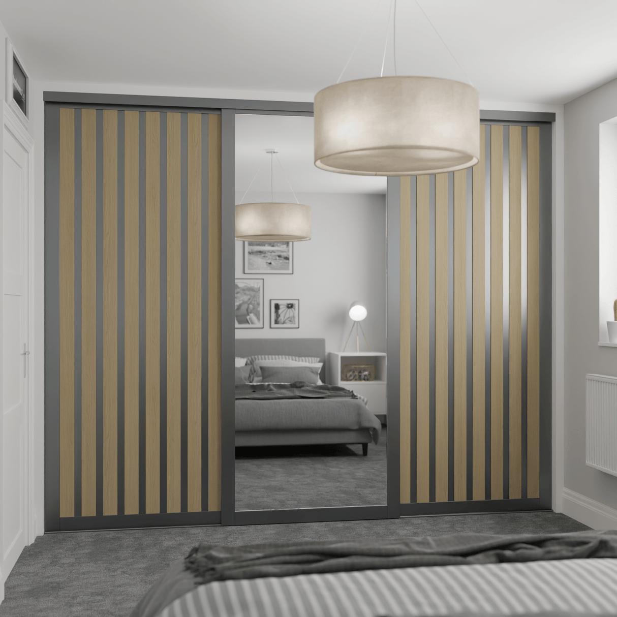 Shaker Graphite Grey & Light Oak Sliding Door Wardrobe Kit 3 Panel - Bedrooms Plus