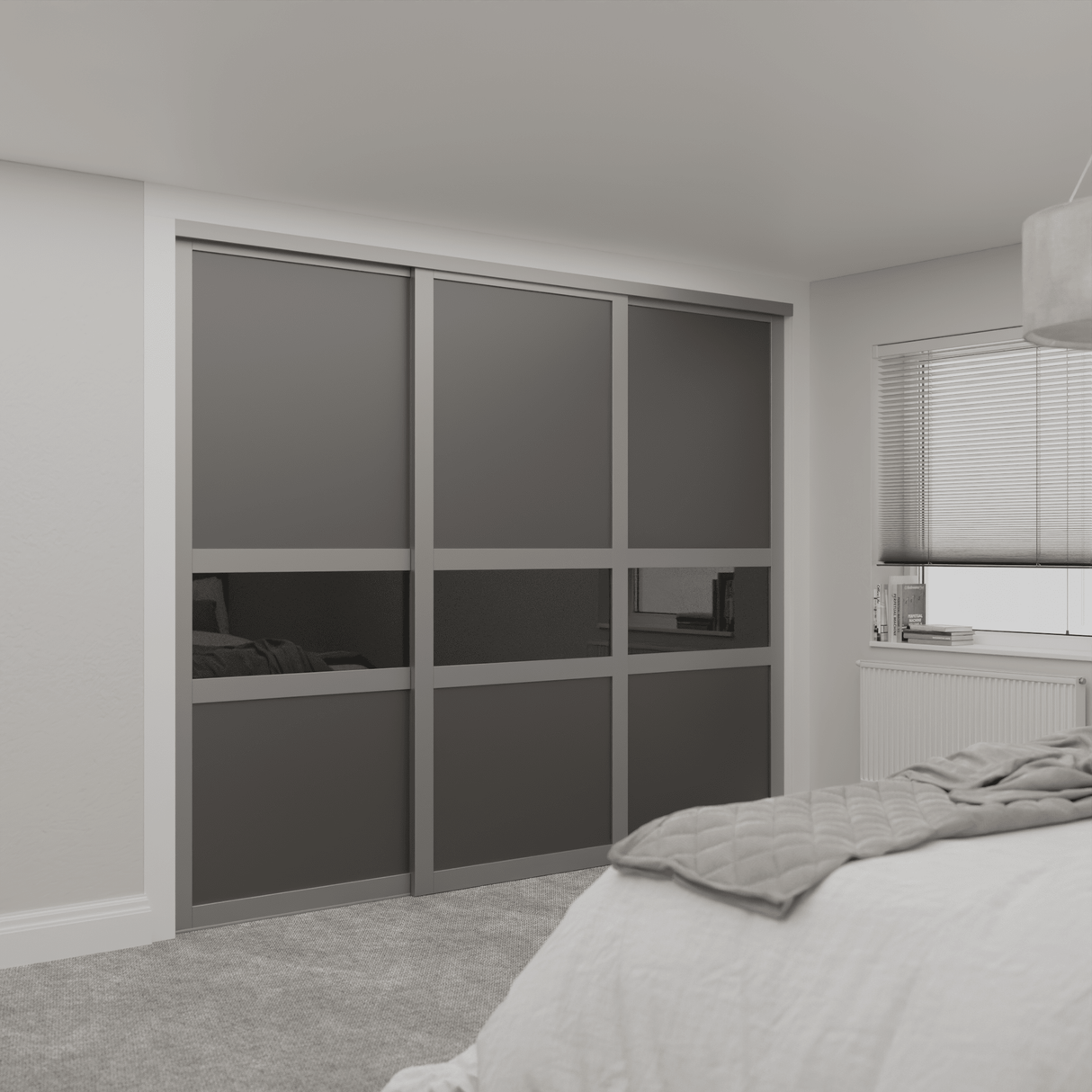 Shaker Graphite Grey Sliding Door Wardrobe Kit 3 Panel Wood & Grey Mirror - Bedrooms Plus