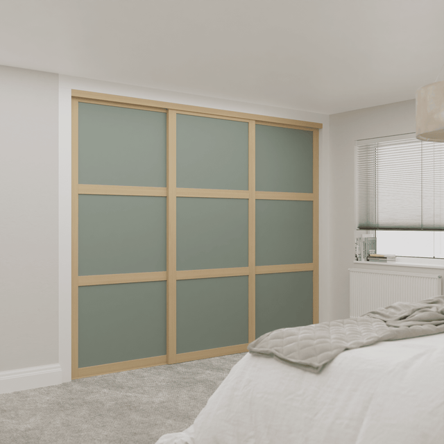 Shaker Green Wood Sliding Door Wardrobe Kit 3 Panel with Light Oak Frame - Bedrooms Plus