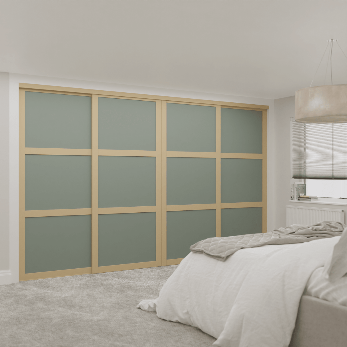 Shaker Green Wood Sliding Door Wardrobe Kit 4 Panel with Light Oak Frame - Bedrooms Plus