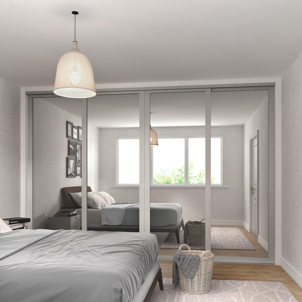 Shaker Light Grey & Mirror Sliding Door Wardrobe Kit 4 Panel with Steel Frame - Bedrooms Plus