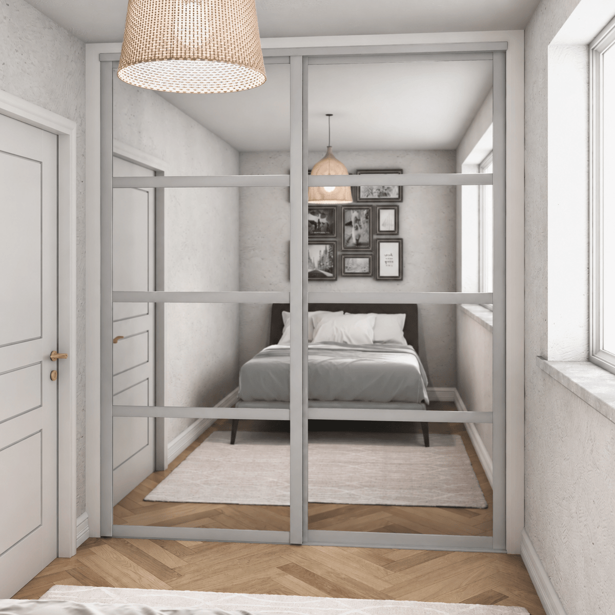 Shaker Luxe Satin Silver 2-Door Sliding Wardrobe Door Kit - Satin Silver Frame, 4-Panel Mirror Design - Bedrooms Plus