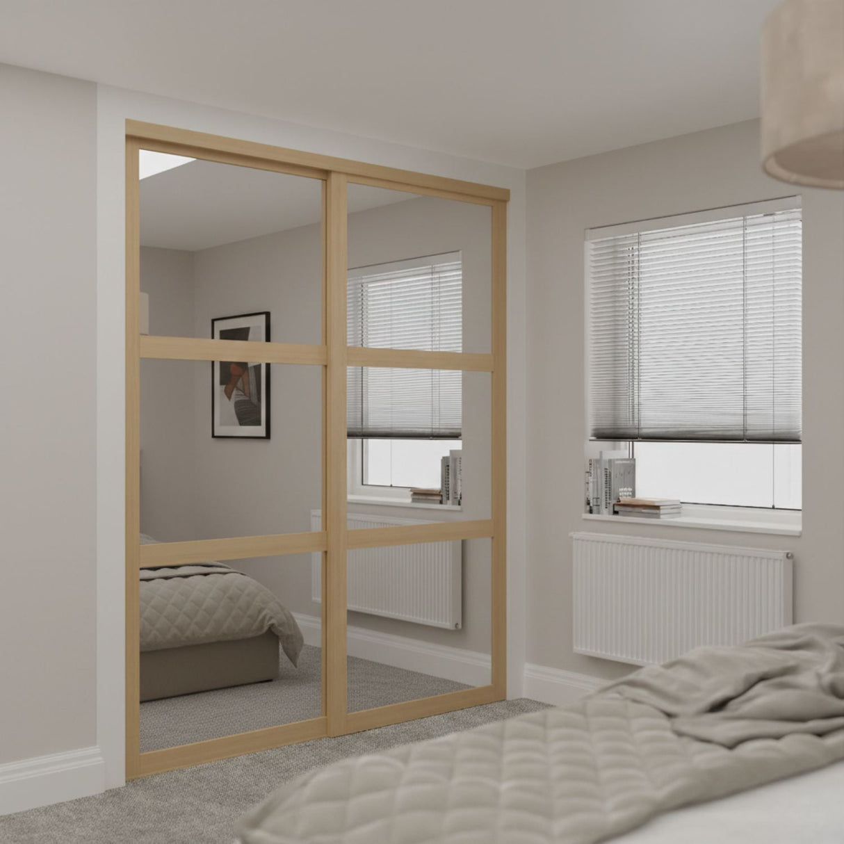 Shaker Mirror Sliding Door Wardrobe Kit 2 Panel with Light Oak Frame - Bedrooms Plus