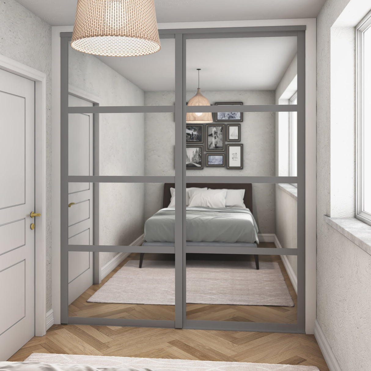 Shaker Mirror Sliding Door Wardrobe Kit 2 Panel with Luxe Dust Grey Frame - Bedrooms Plus