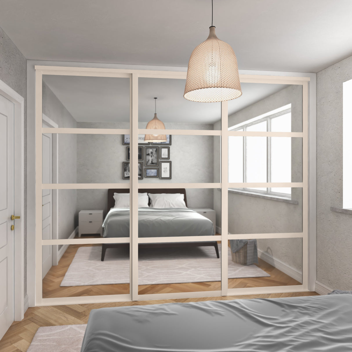 Shaker Mirror Sliding Door Wardrobe Kit 3 Panel with Luxe Cashmere Frame - Bedrooms Plus