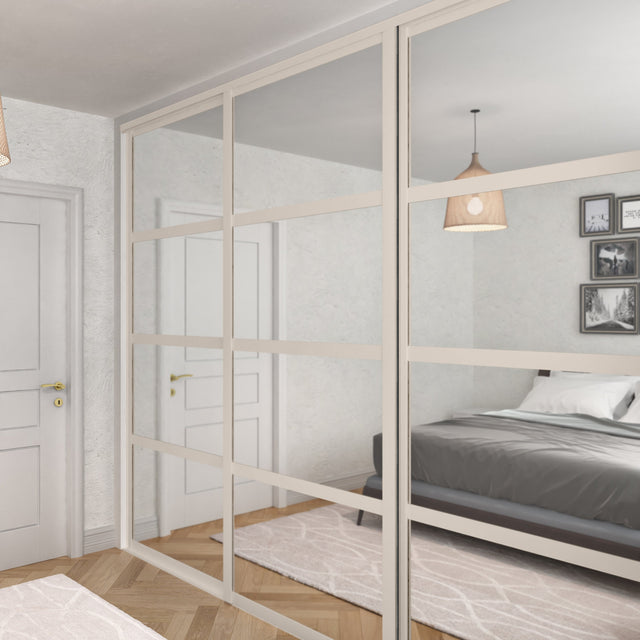 Shaker Mirror Sliding Door Wardrobe Kit 3 Panel with Luxe Cashmere Frame - Bedrooms Plus