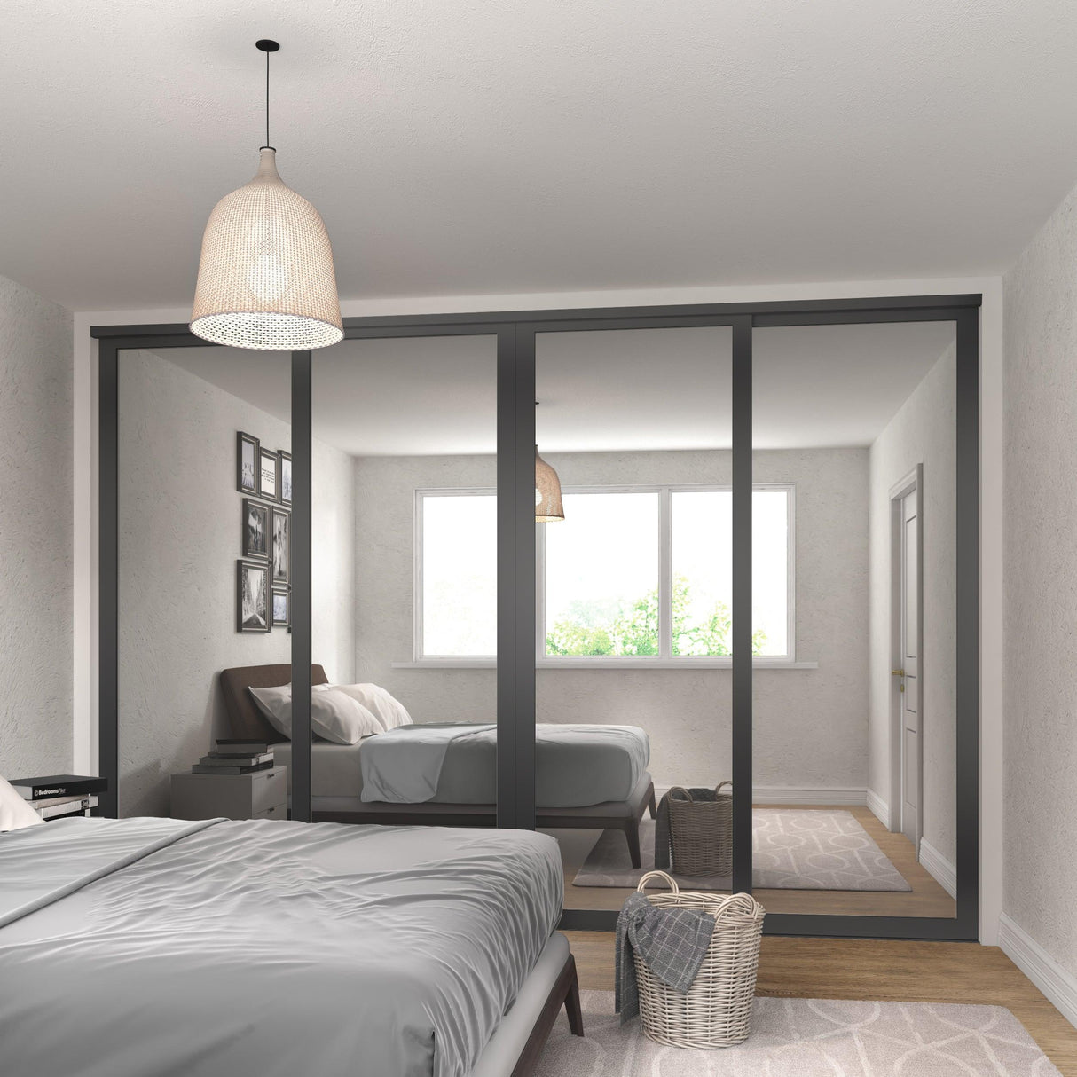 Shaker Mirror Sliding Door Wardrobe Kit 4 Panel with Back Steel Frame - Bedrooms Plus