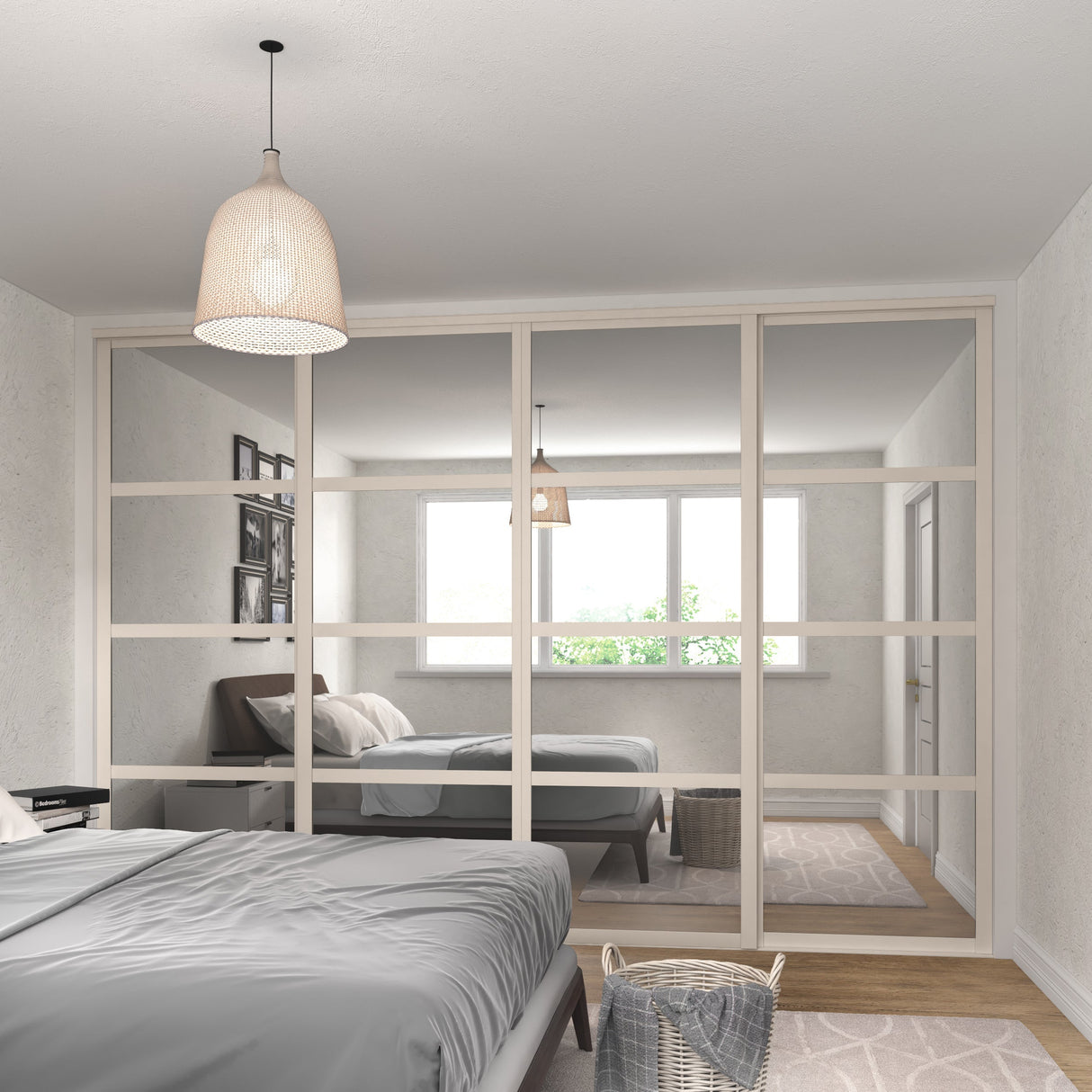 Shaker Mirror Sliding Door Wardrobe Kit 4 Panel with Luxe Cashmere Frame - Bedrooms Plus
