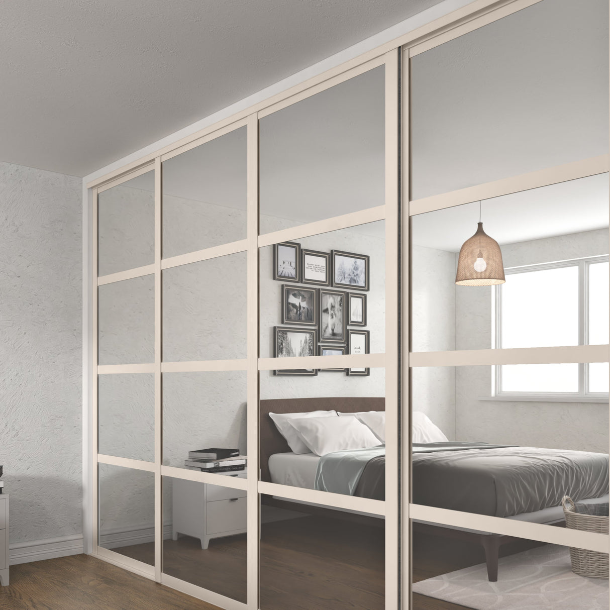 Shaker Mirror Sliding Door Wardrobe Kit 4 Panel with Luxe Cashmere Frame - Bedrooms Plus