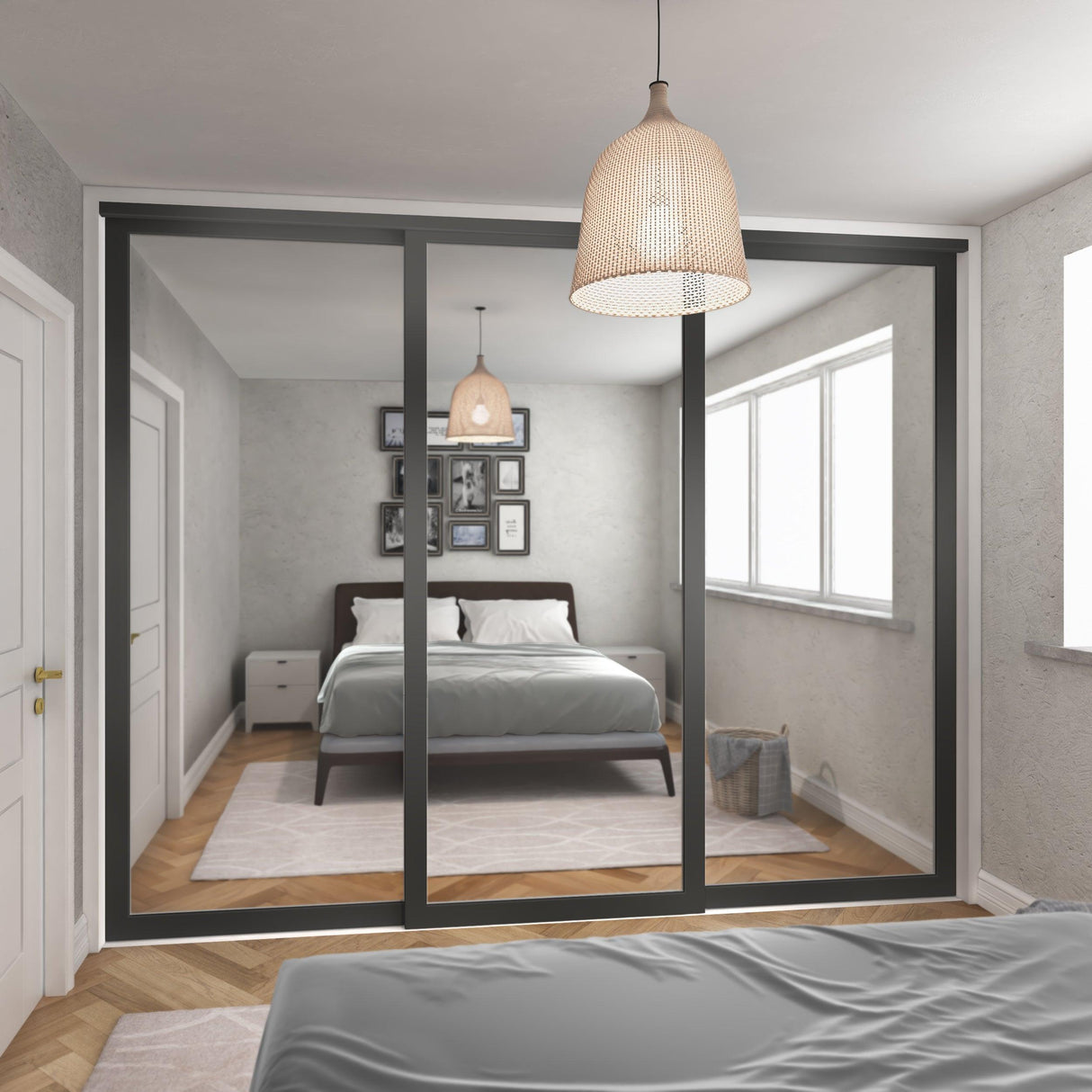 Shaker Mirror Sliding Door Wardrobe Kit Graphite 3 Panel Mirror Panel with Steel Frame - Bedrooms Plus