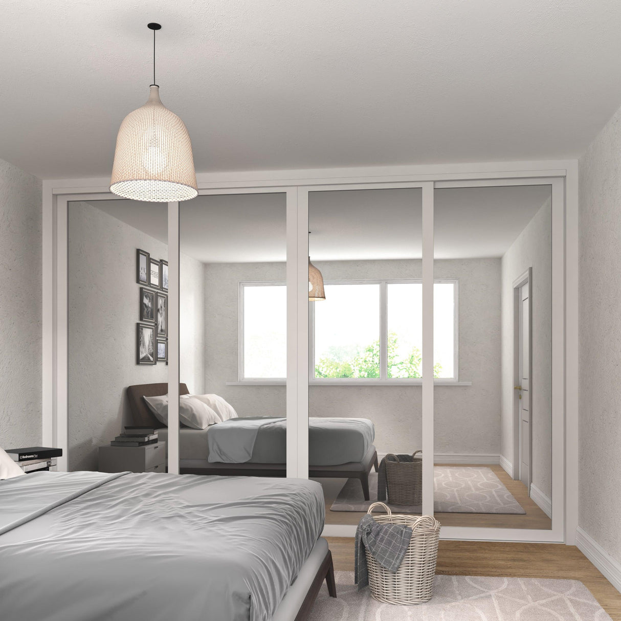 Shaker Mirror Sliding Door Wardrobe Kit White Frame 4 Panel - Bedrooms Plus