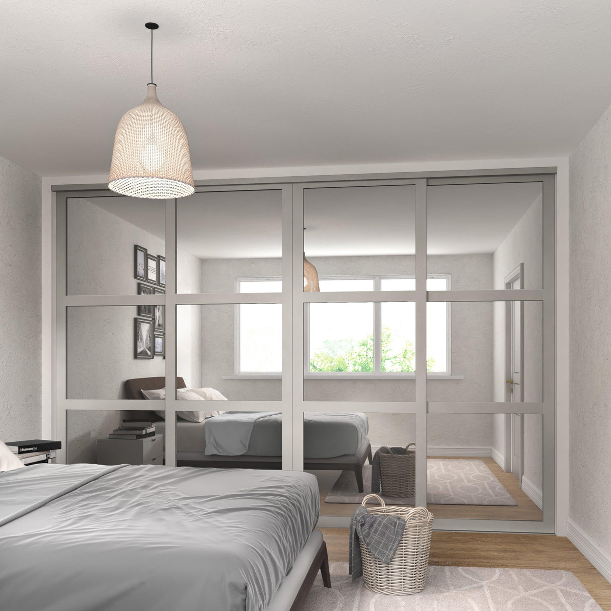 Shaker Mirror Sliding Door Wardrobe Kit with Light Grey Frame 4 Panel - Bedrooms Plus