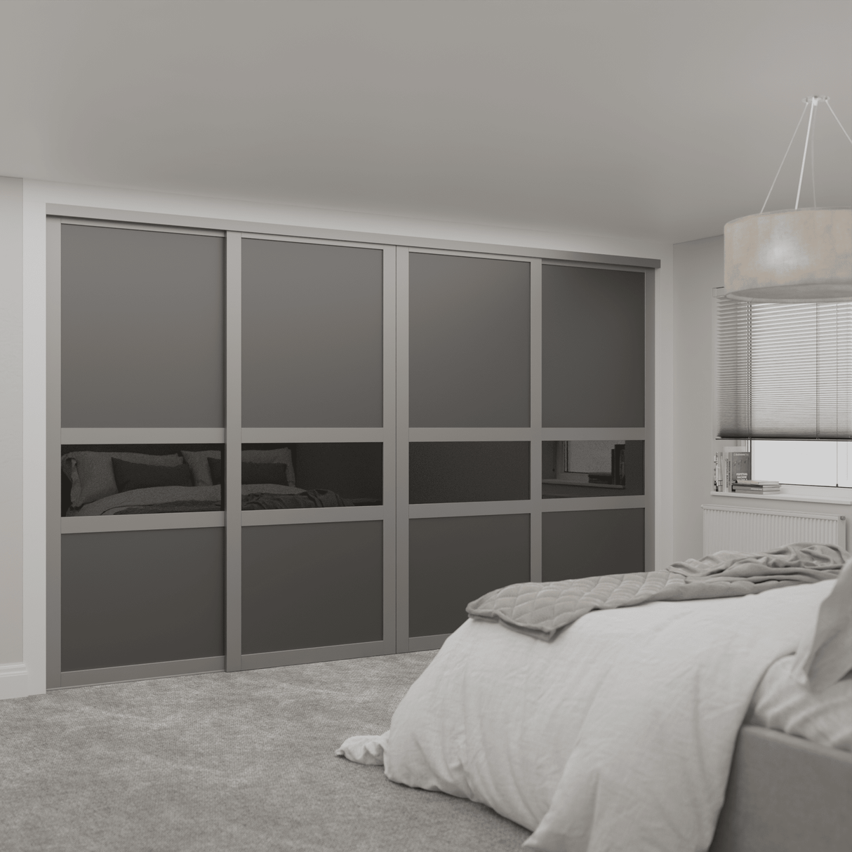 Shaker Sliding Door Wardrobe Kit Graphite 4 - Door Grey Mirror - Bedrooms Plus